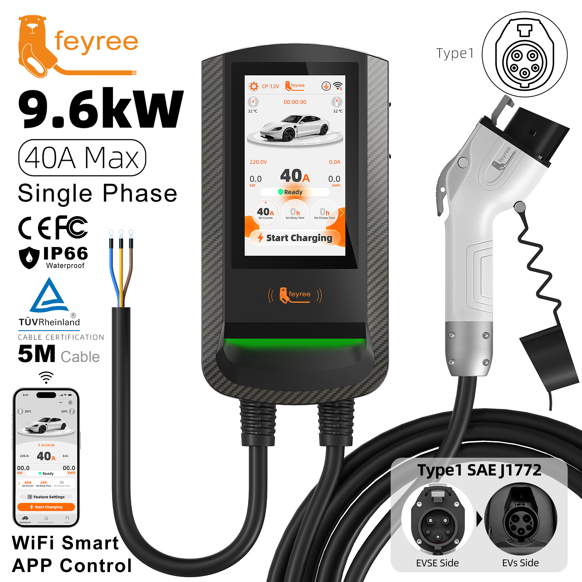 feyree Type1 EV Wallbox RFID Card Authorization 7.6kW 7Inch Touch Screen APP Control OTA Upgrade Charging Log 12kW Car Charger