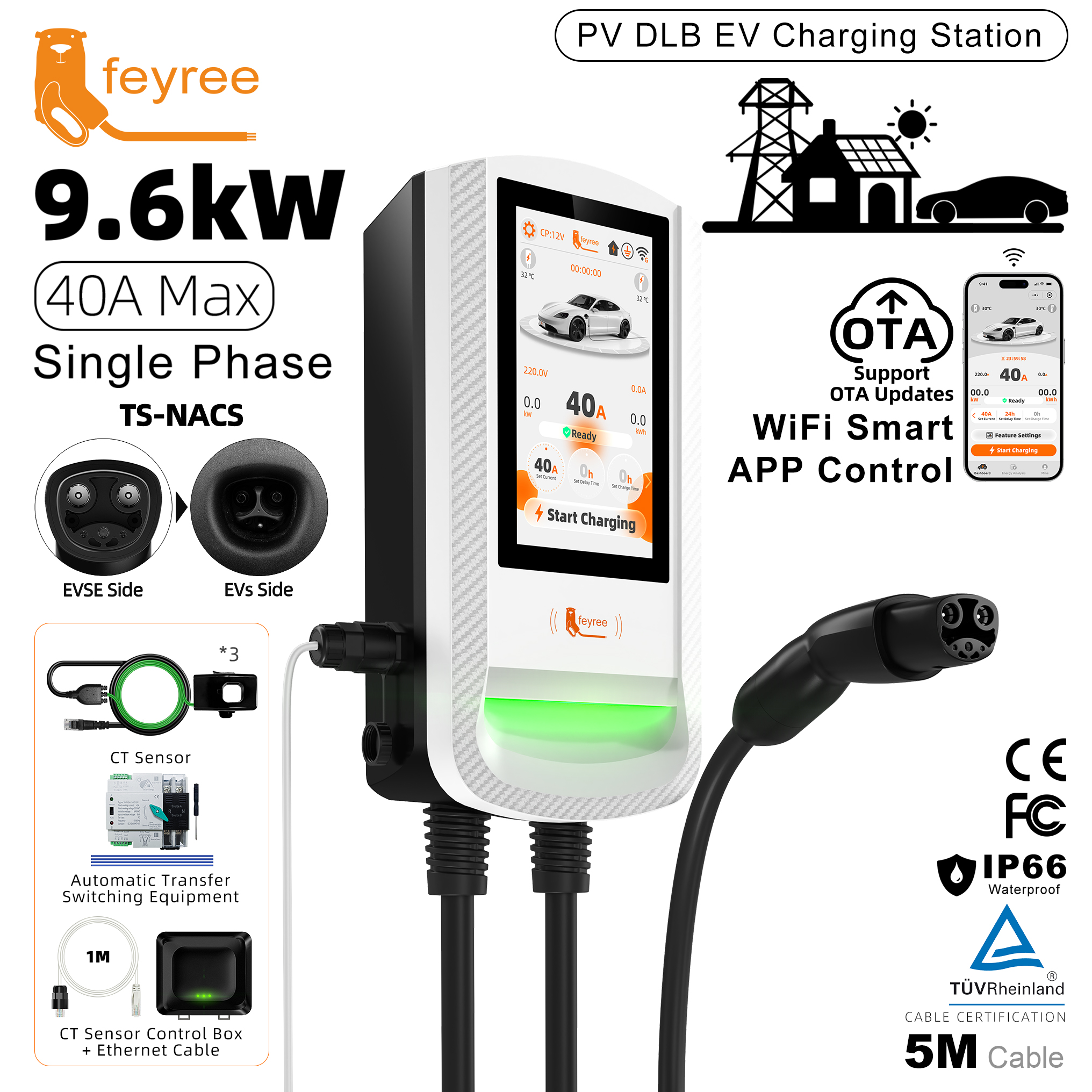 Feyree TS‑NACS PV DLB EV  Wallbox EVSE with 7Inch Touch Screen APP Control OTA Upgraded Fast Charger for Electric EV
