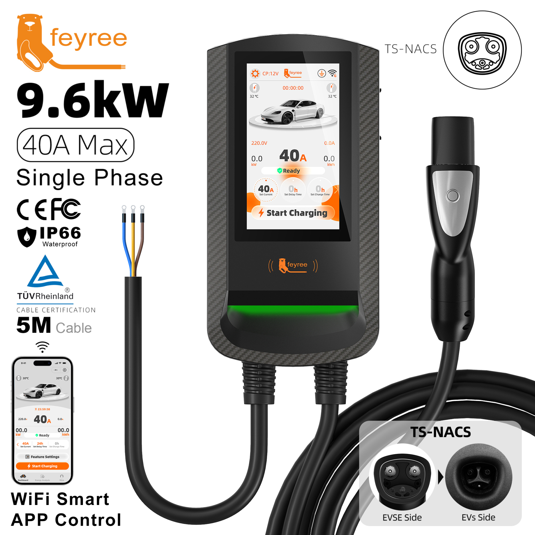 feyree Tesla 7.6/9.6/12kW EV Charger Wallbox 7Inch Touch Smart APP Control OTA Upgrade Charging Log Home EV Charging Station