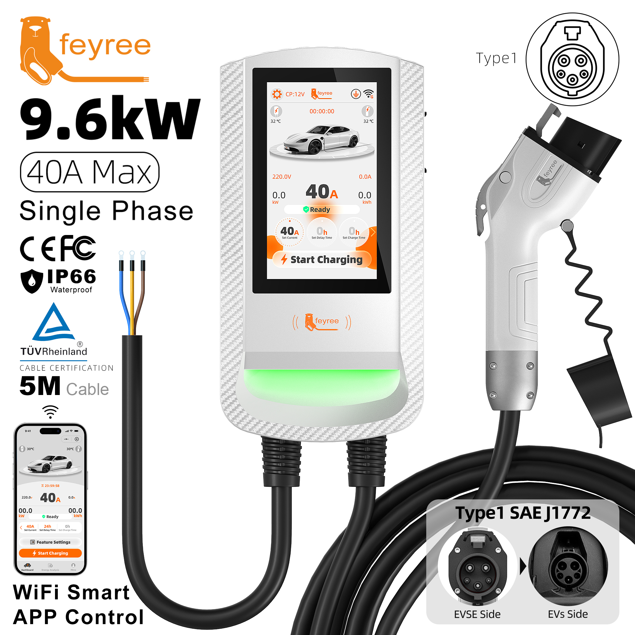 Feyree Type1 EV Wallbox with 7-Inch Touch Screen OTA Upgrade Smart APP Charging History & Safety for Exclusive Home Use