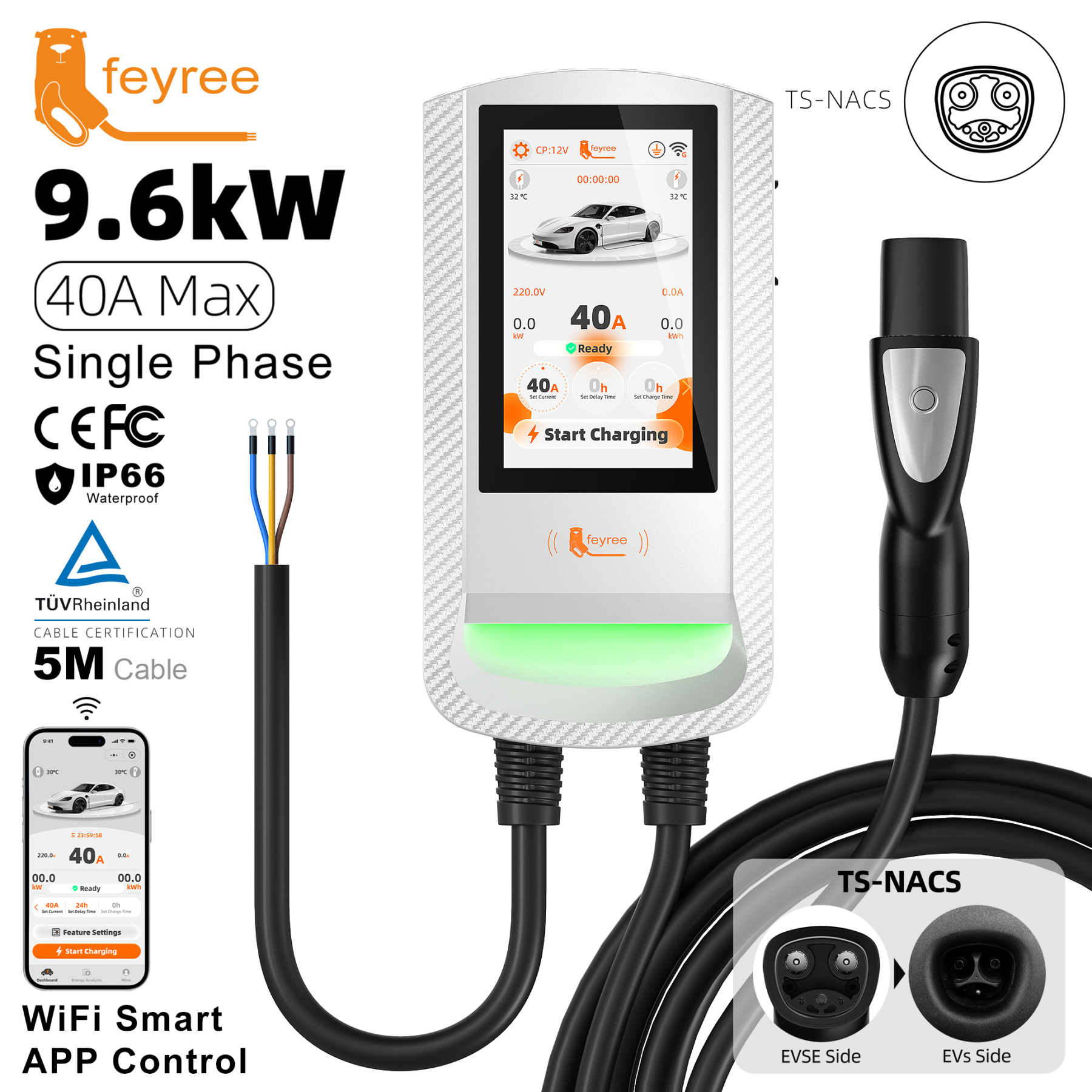 Feyree EV Charging Station 32A 7KW 12KW TS‑NACS Wallbox EVSE with 7Inch Touch Screen APP Control 9.6KW Charger for Electric Car