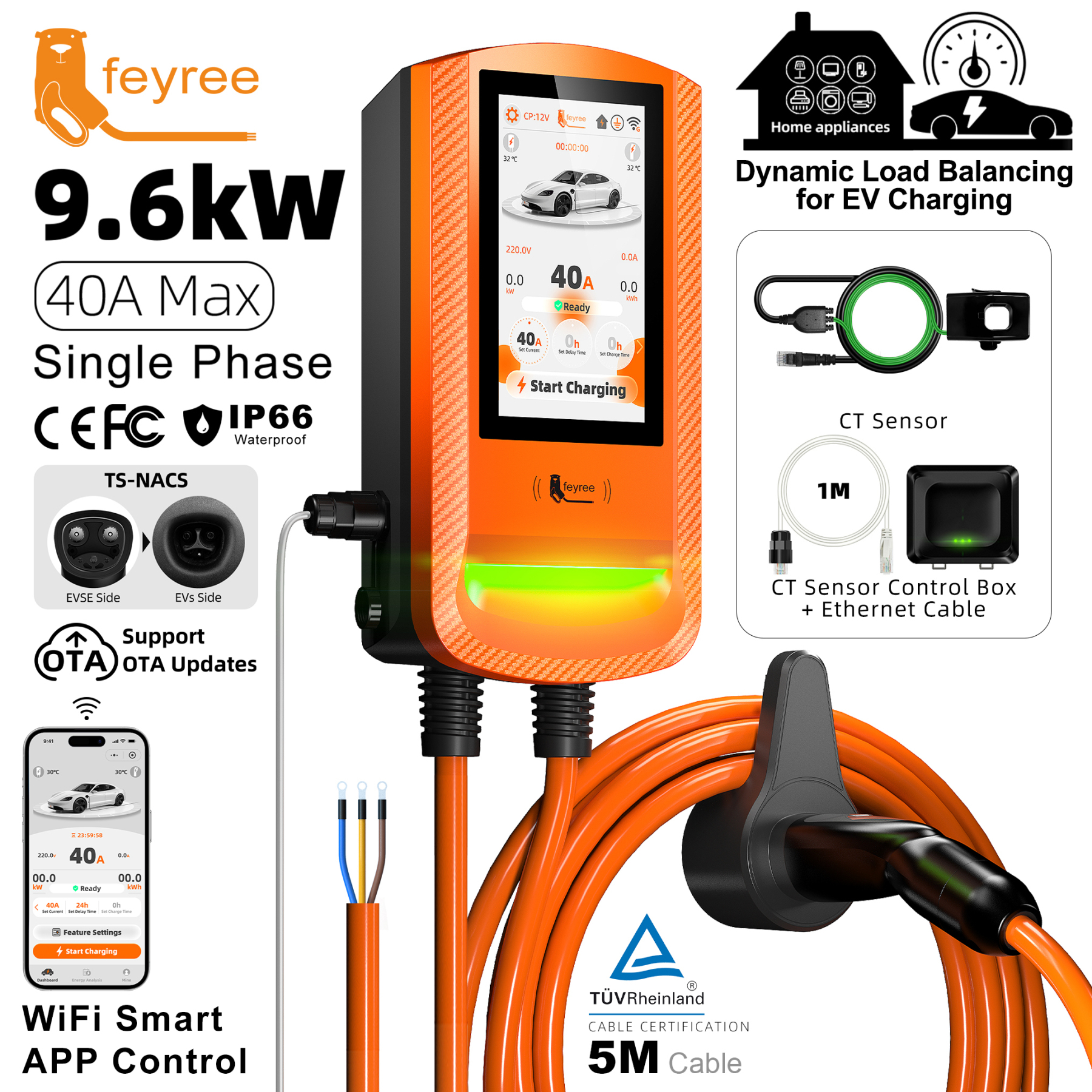 Feyree DLB EV Charging Station 32A 7/9.6/12KW TS‑NACS Wallbox EVSE w/7Inch Touch Screen APP Control Fast Charger for Electric EV