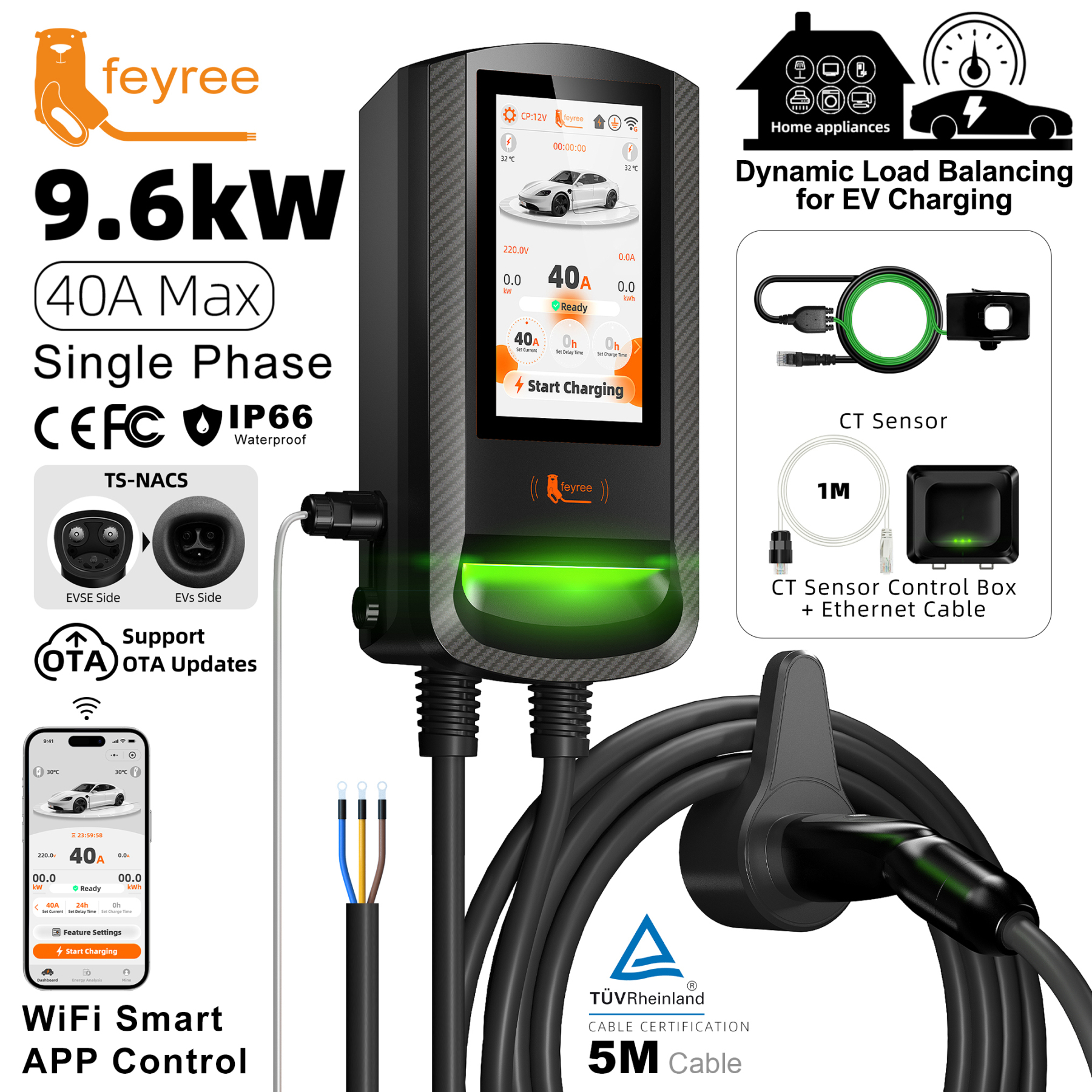 [Copy]Feyree DLB EV Charging Station 32A 7/9.6/12KW TS‑NACS Wallbox EVSE w/7Inch Touch Screen APP Control Fast Charger for Electric EV