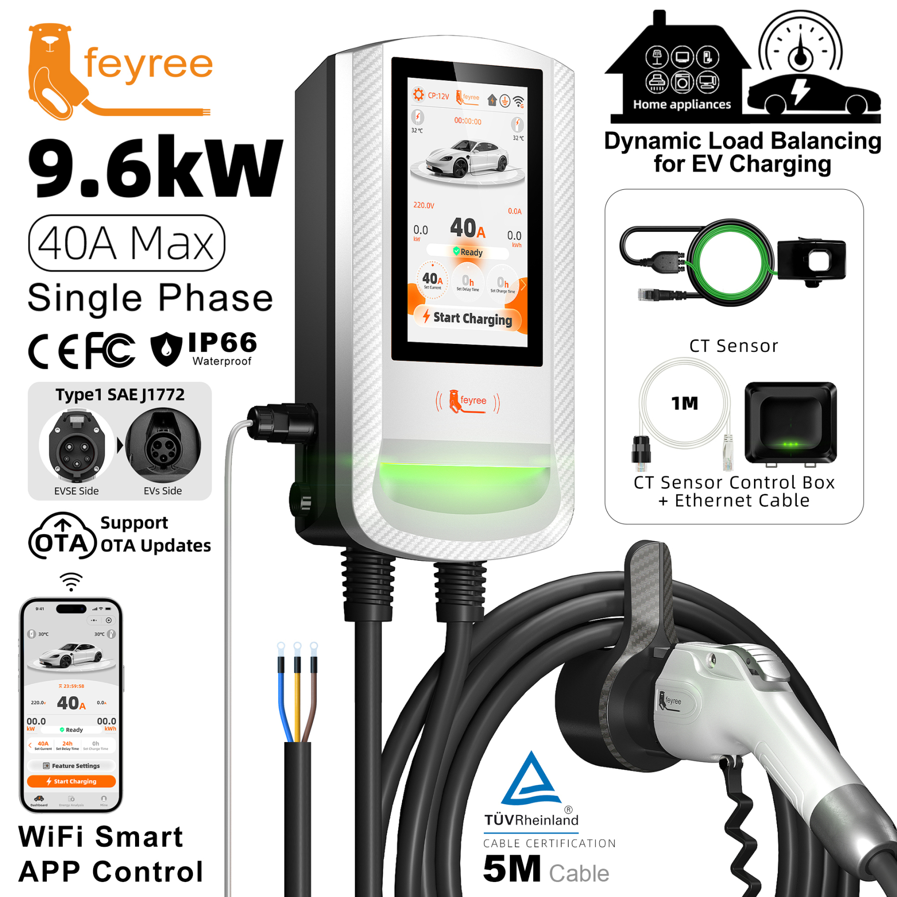 Feyree Type1 7Inch Touchscreen Single Phase EV Wallbox Smart Dynamic Load Balance OTA Upgrade Smart Home Charging Station