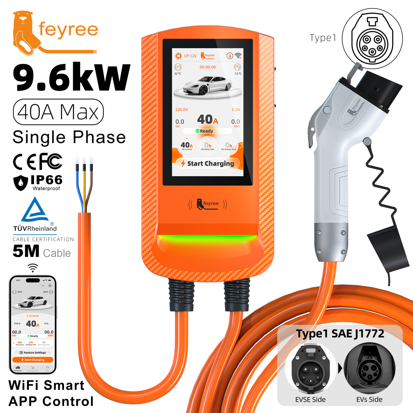 Feyree 7 inch Touch Screen Type 1 EV Charger Wallbox with Screen Lock Password Safety Exclusive RFID Protection and OTA Upgrade