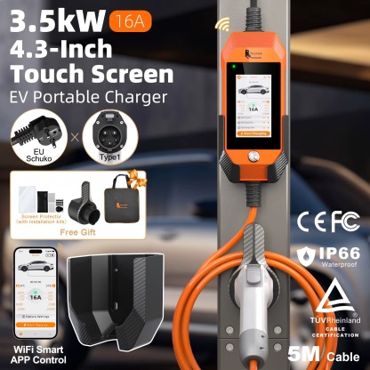Feyree Type1 3.5kW 16A Portable EV Charger 4.3 inch Touch Screen Smart WIFI APP Remote Control Design AC EV Charging Station