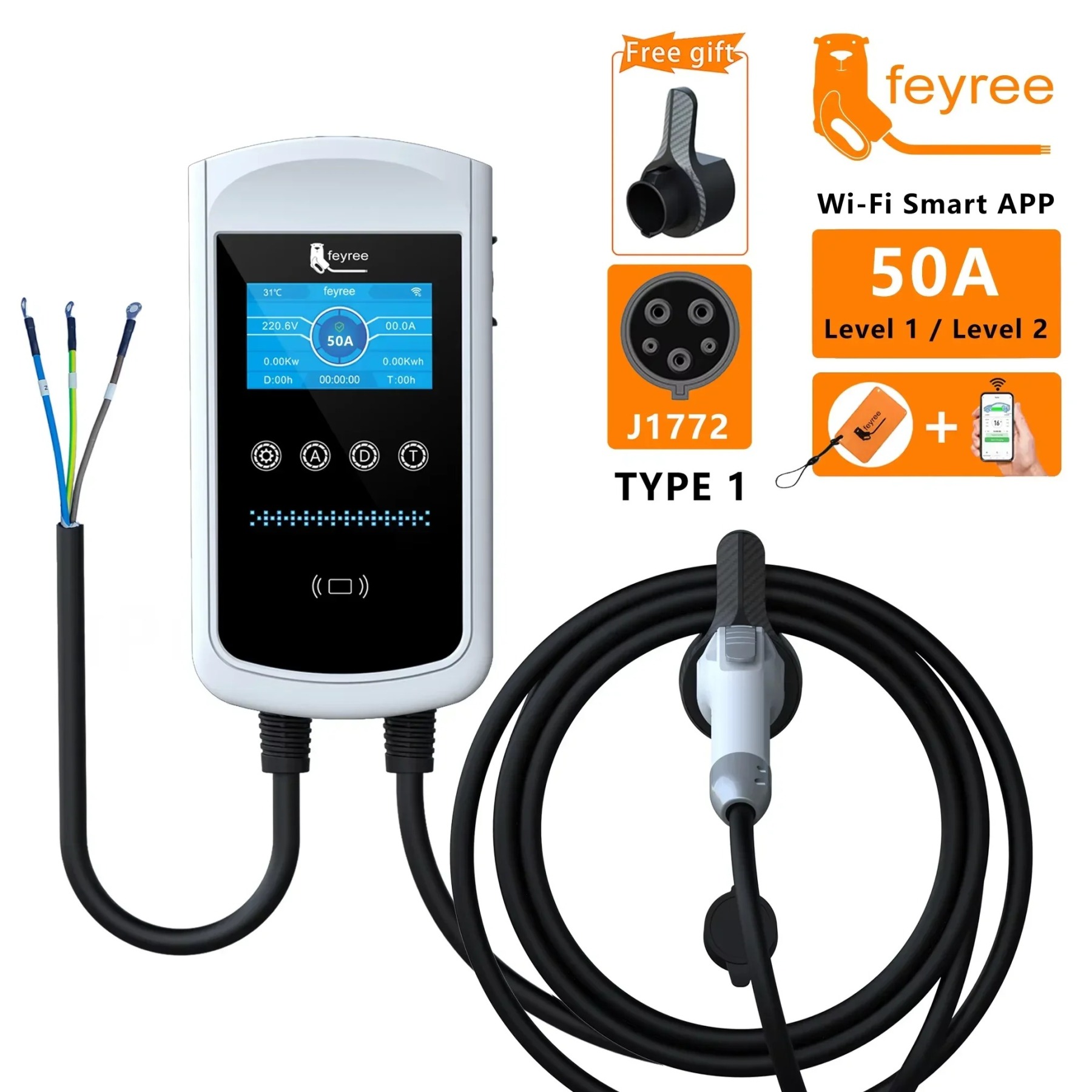 feyree Type1 EV Charging Station 7KW 9.6KW 12KW With APP Control 4.3″ Screen