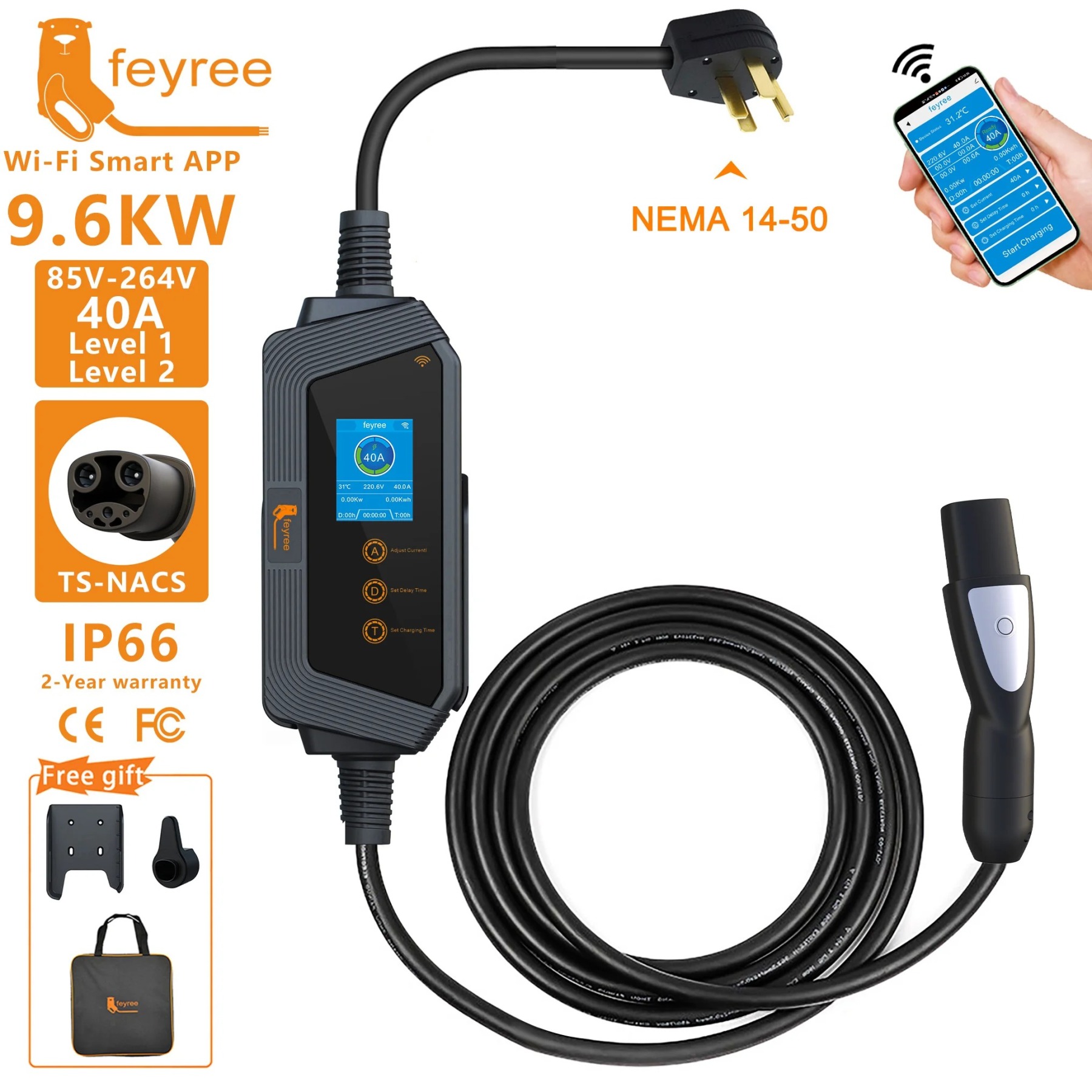 feyree Portable EV Charger with Tesla NACS Connector 32A up to 50A 12kw High Power EV wallbox with APP WIFI for All Tesla Models-feyree