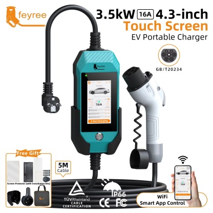 Feyree GB/T EV Charger 16A 3.5kW Portable Charger 1P 4.3'' Touchscreen Smart APP OTA Version Current Adjustable for Electric Car