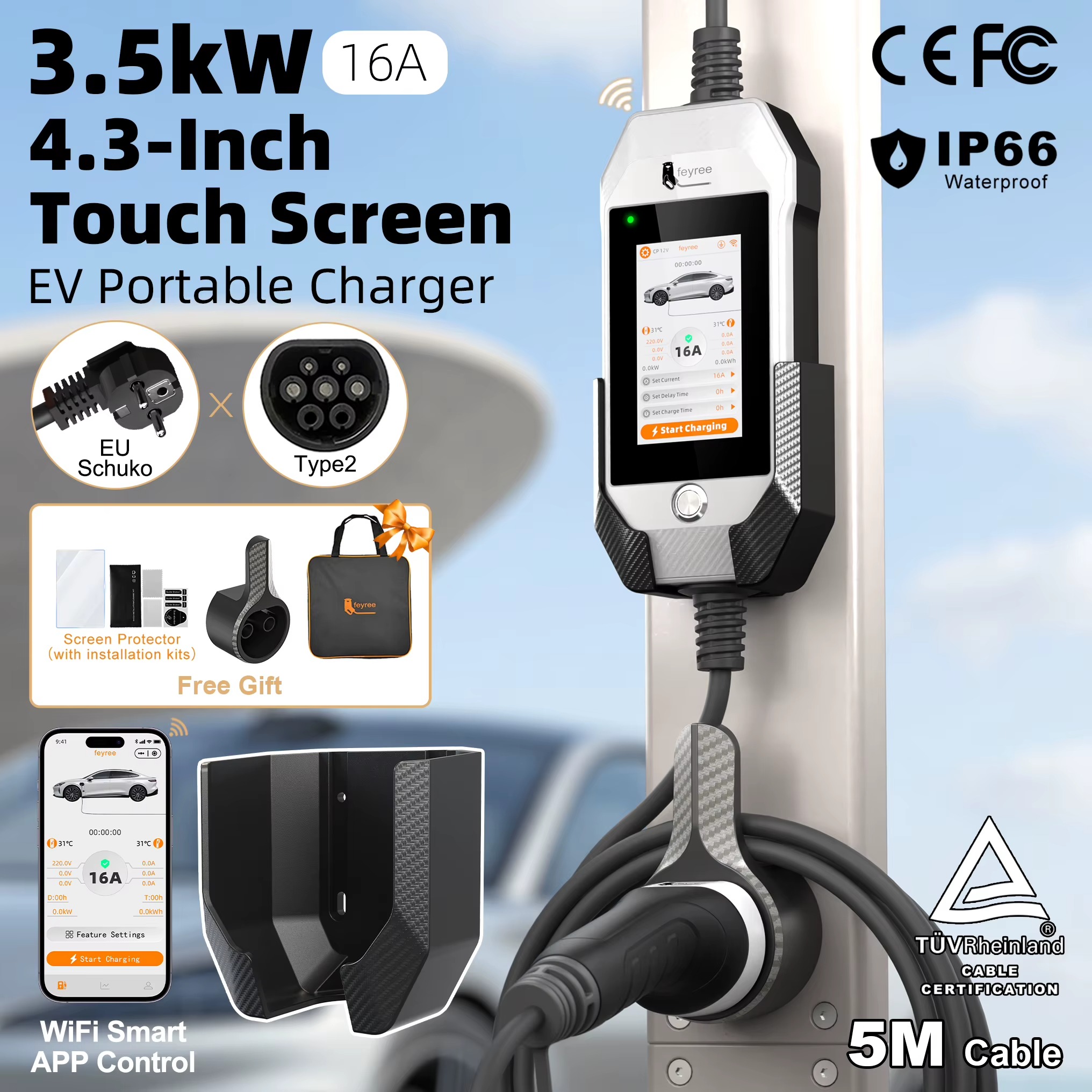 Feyree Portable EV Charger 3.5kW 16A Type 2 | 4.3' Touchscreen, WiFi APP Control, Charge History | 5M Cable for Electric Vehicle