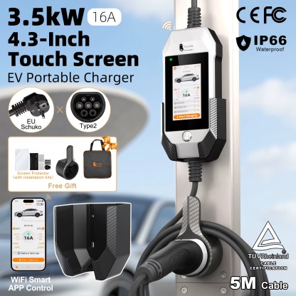 Feyree Portable EV Charger 3.5kW 16A Type 2 | 4.3' Touchscreen, WiFi APP Control, Charge History | 5M Cable for Electric Vehicle