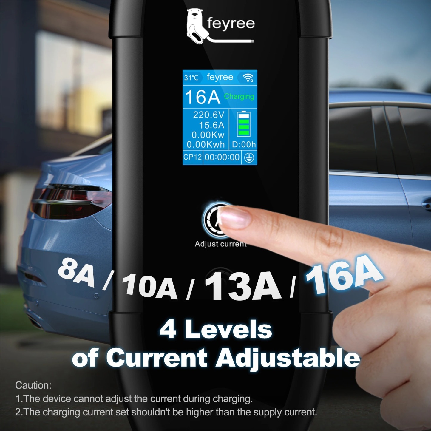 
Electric vehicle charger with a digital display showing a user adjusting the charging current to four different levels: 8A, 10A, 13A, and 16A.