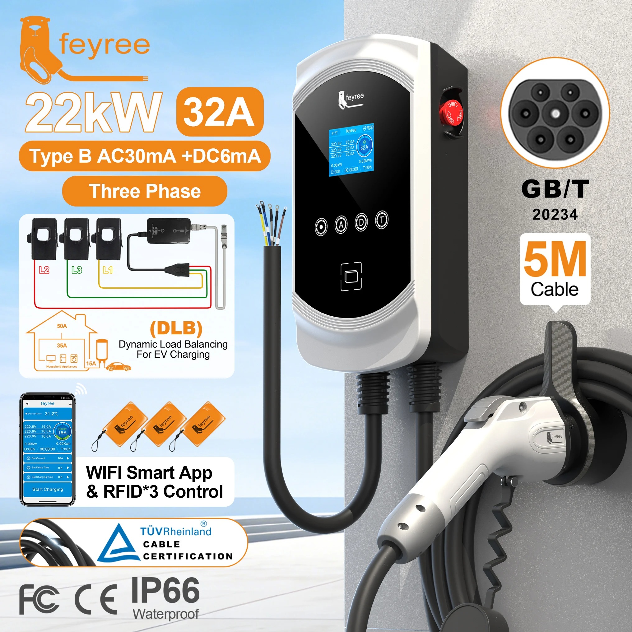 Feyree EV Charger GB/T Socket 32A 3Phase 22kW Fast Charging EVSE Wallbox Load Balance Function AC Home Charging for Electric Car