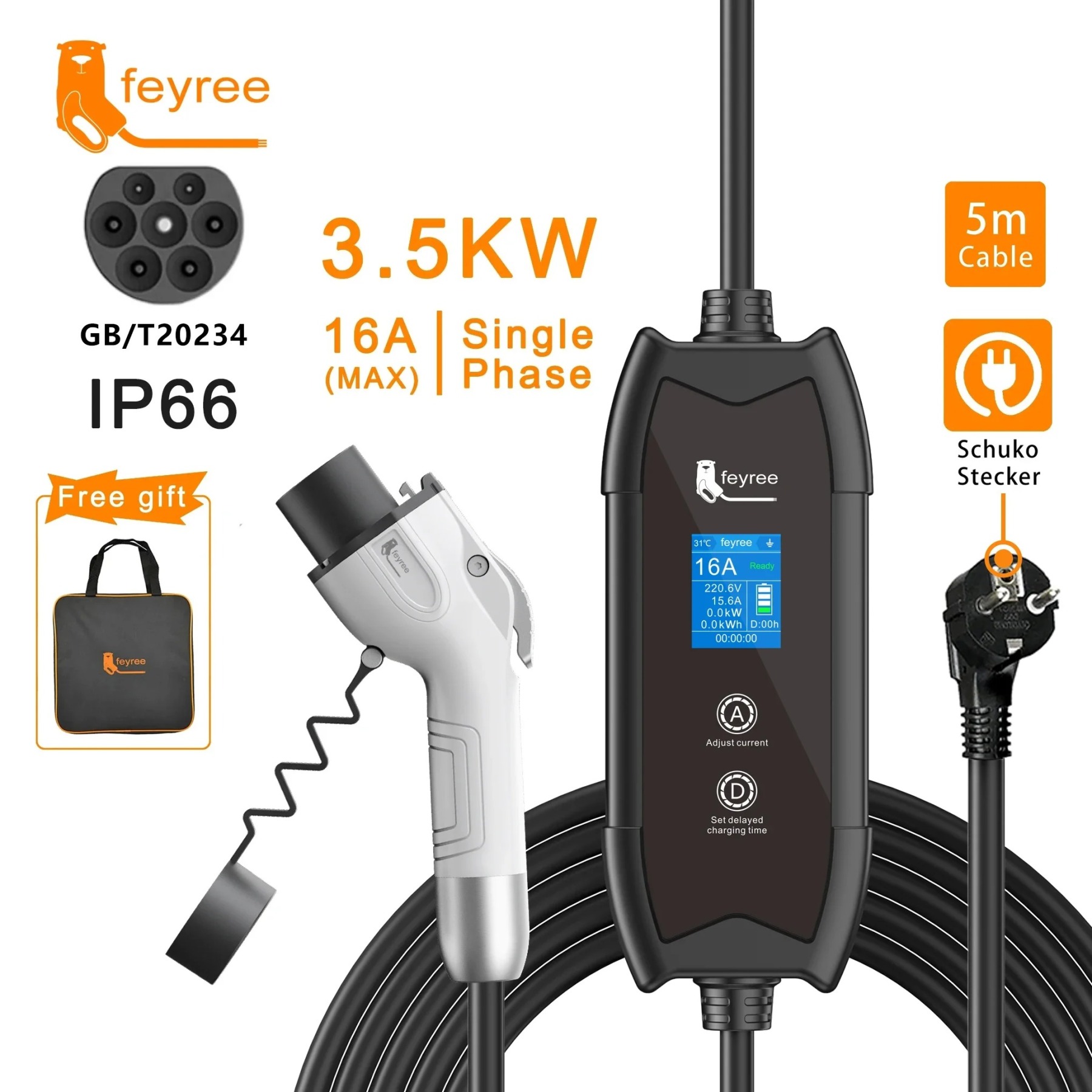 feyree Flying Cat Type 1 EV Charger: 3.5KW - 16A Portable Standard Charging Box (Manual Local Control, 5m Cable, Stable Plug-and-Play EVSE)