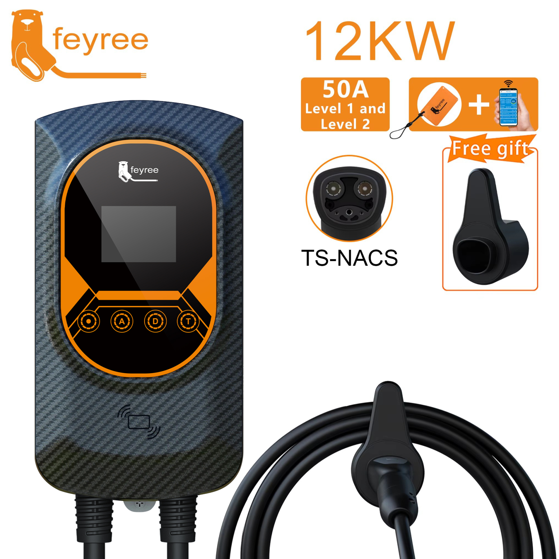feyree EV Charging Station Tesla NACS EVSE Wallbox 32A 7.6KW 40A 9.6KW 50A 12KW 1Phase 5M APP Control for Electric Vehicle Car