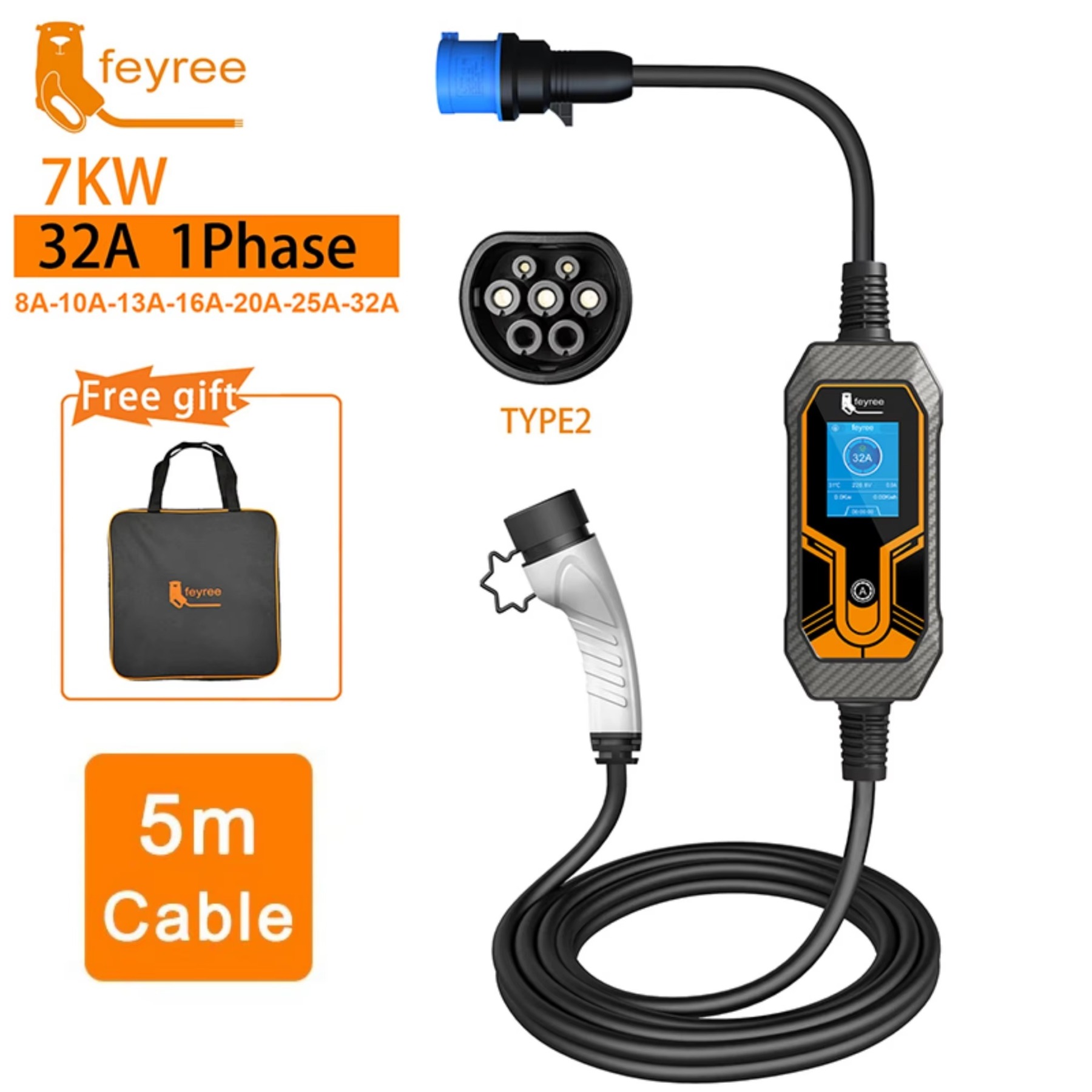 feyree Portable EV Charger Wallbox Type1 j1772 7KW 32A 1Phase with CEE Plug EVSE Charging Box for Electric Car Charger 5m Cable