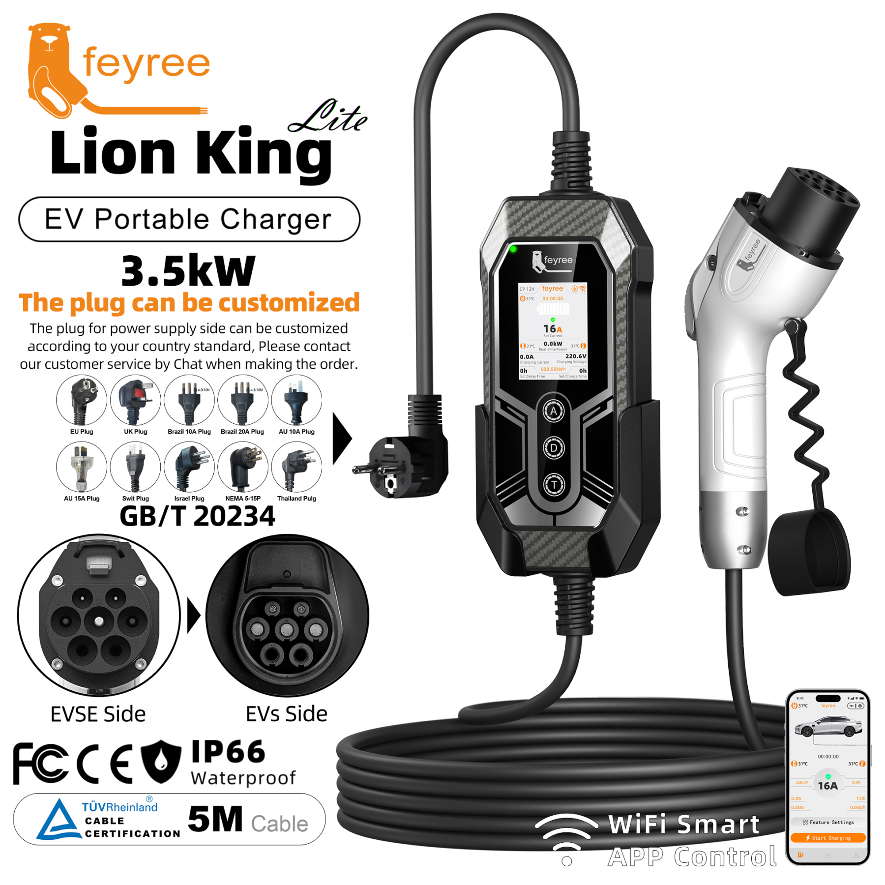Feyree GBT EV Charger 16A3.5kW APP Control&Charging Log&OTA Upgrade&Plug Temperature Guard EVSE Portable Charger Box for EV Cars