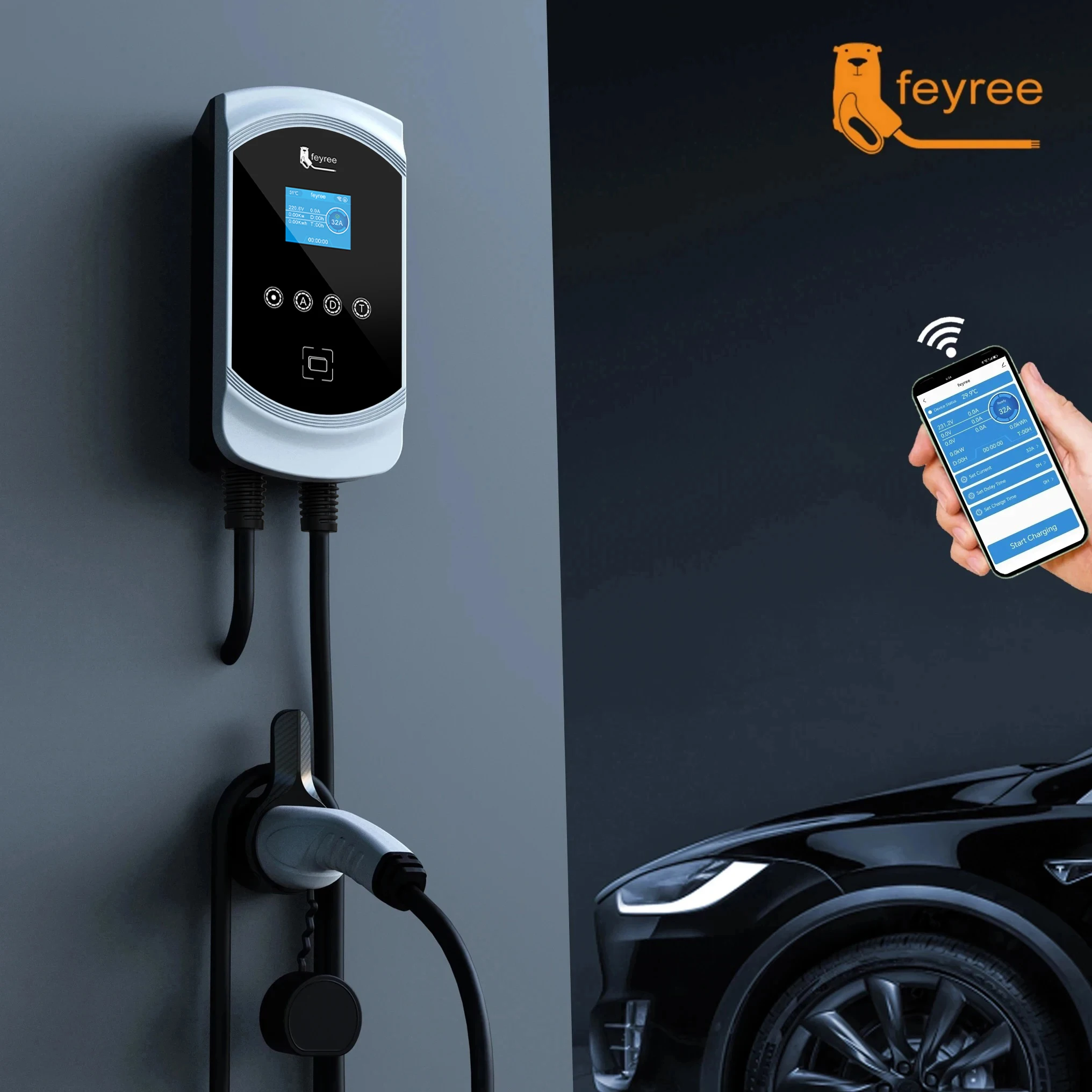 Smart WiFi-enabled EV wallbox charger with digital display and Type 2 plug, controlled remotely by a mobile app for convenient home charging.