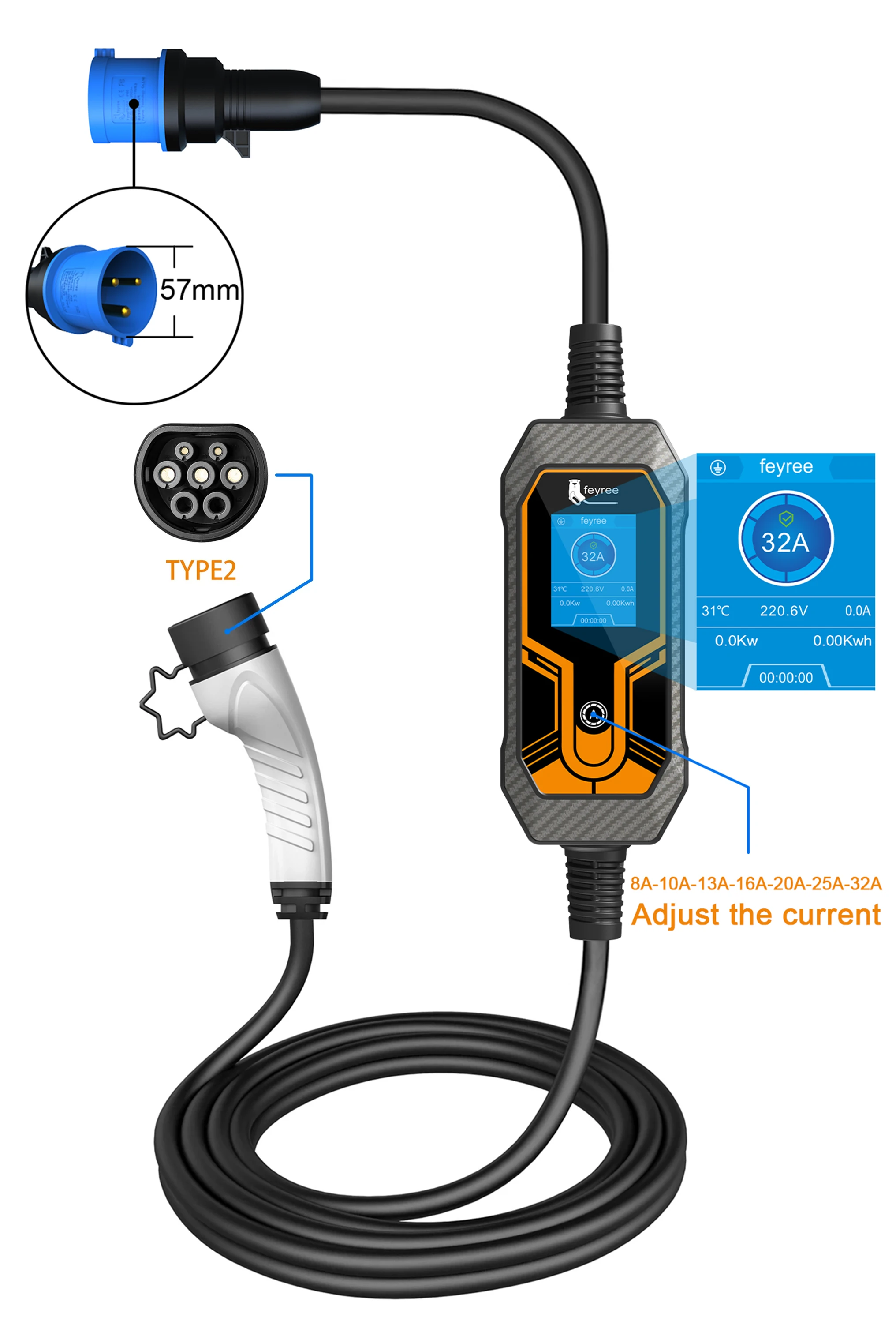 Portable EV charger featuring Type 2 connector and adjustable current (8A-32A) for flexible and safe home charging.