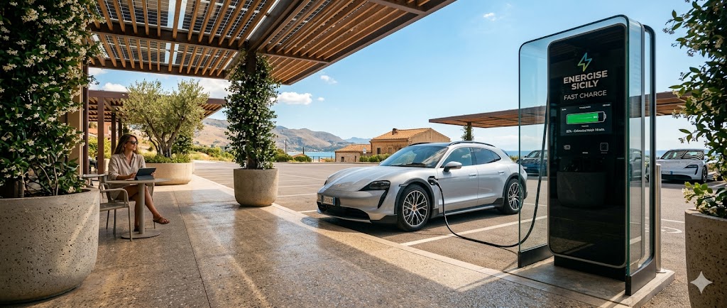 Silver electric sports car charging at a modern, shaded station with a sea view.