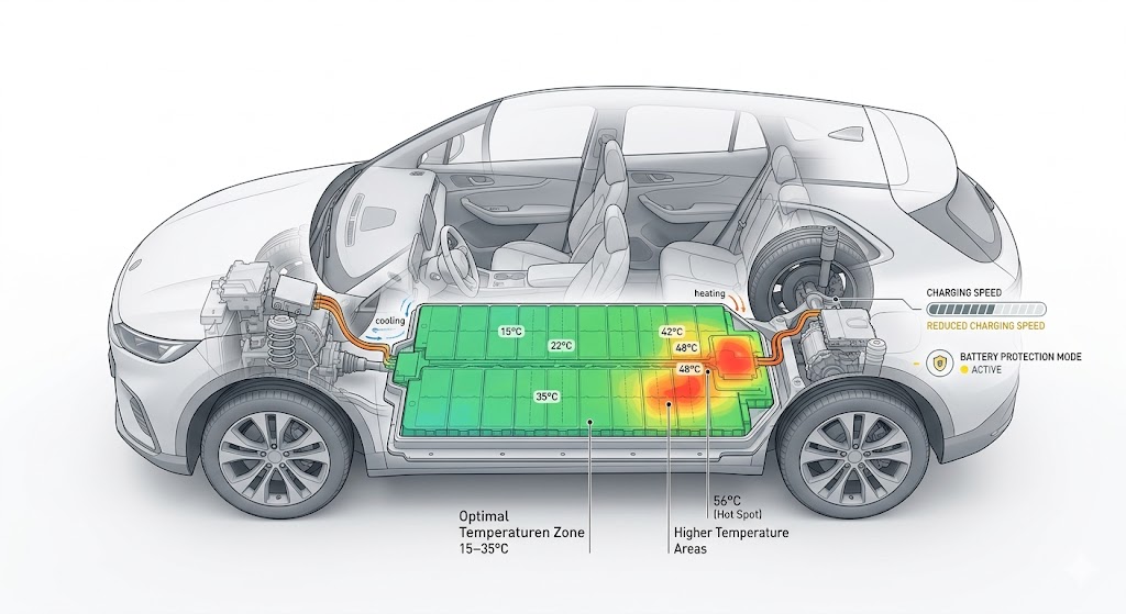 Cutaway view of an electric SUV with a battery heat map and charging speed status.