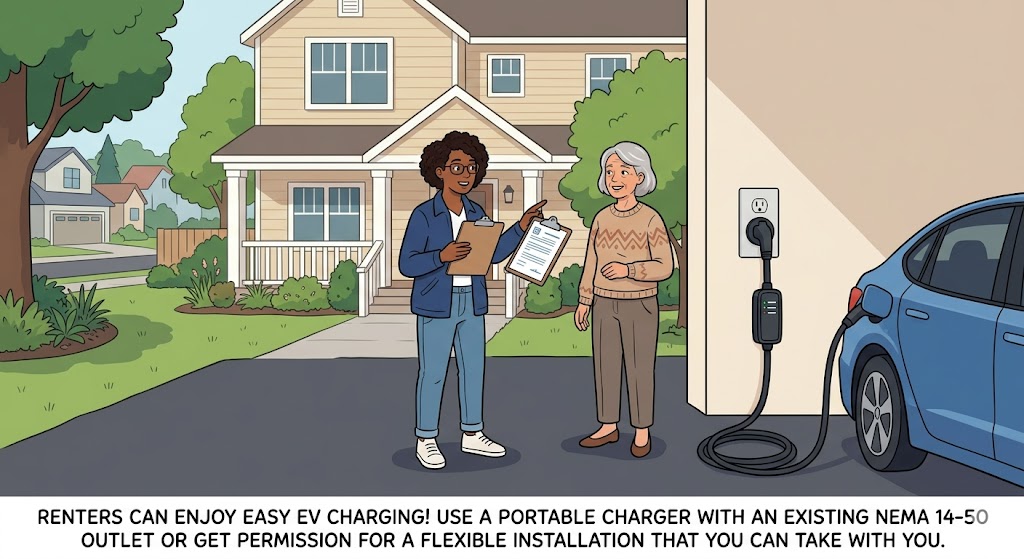 Illustration of a renter and landlord discussing a portable EV charger plugged into a NEMA 14-50 outlet.