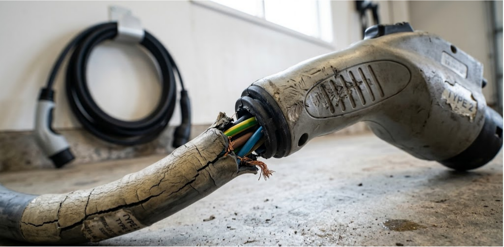 Close-up of a damaged Type 2 EV charging cable with severe cracks and frayed wires, highlighting safety.
