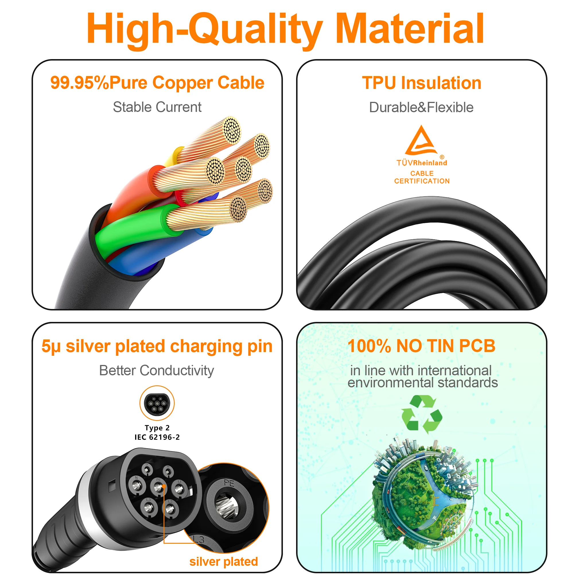High-quality Type 2 EV charging cable with 99.95% pure copper, silver-plated pins, and T&Uuml;V-certified TPU insulation.