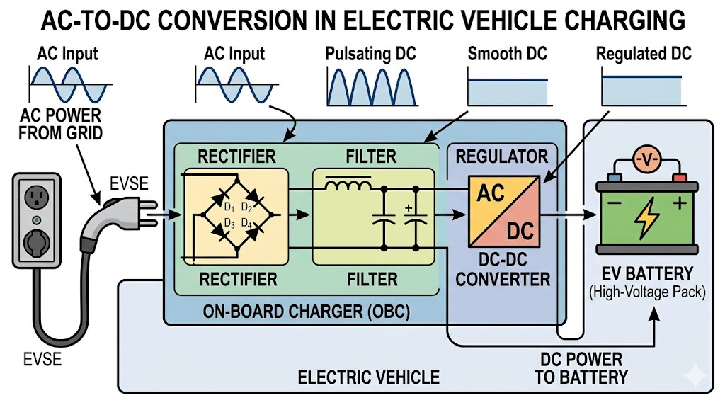 Block diagram of EV on-board charger showing AC to DC conversion, filtering, and battery storage.