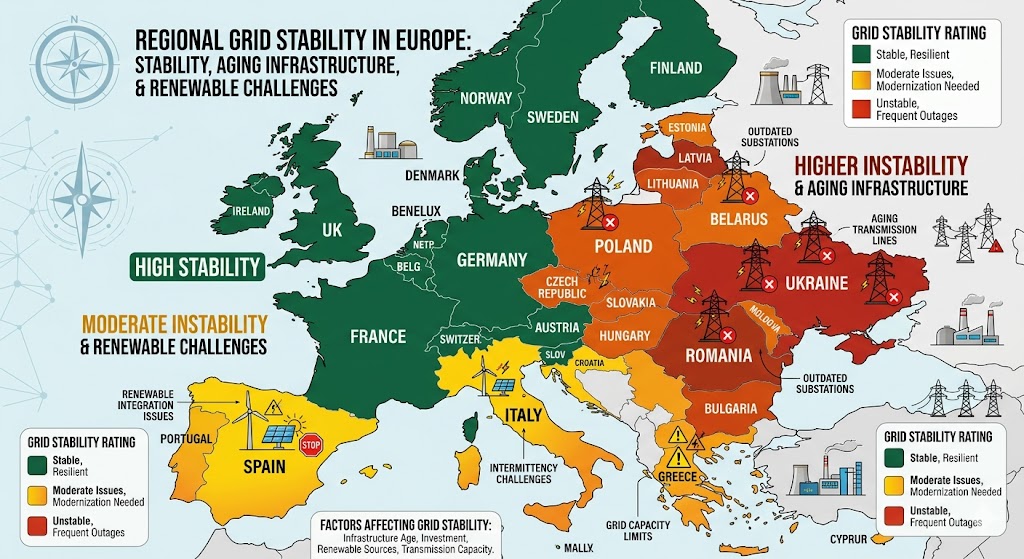 Color-coded map of European countries indicating power grid stability, aging infrastructure, and renewable integration challenges.