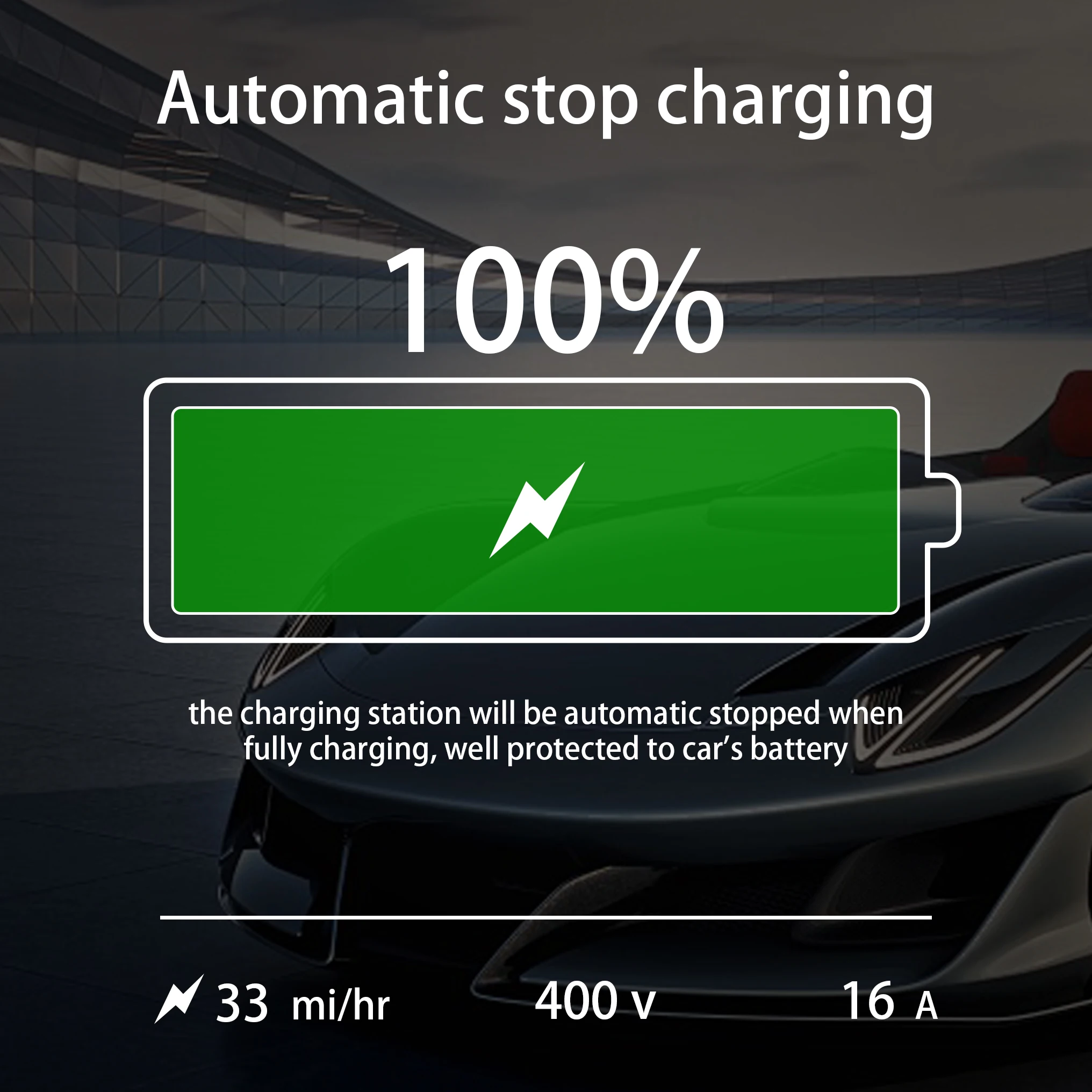  Intelligent 16A 400V EV charger with automatic stop charging feature for superior battery protection and longevity.