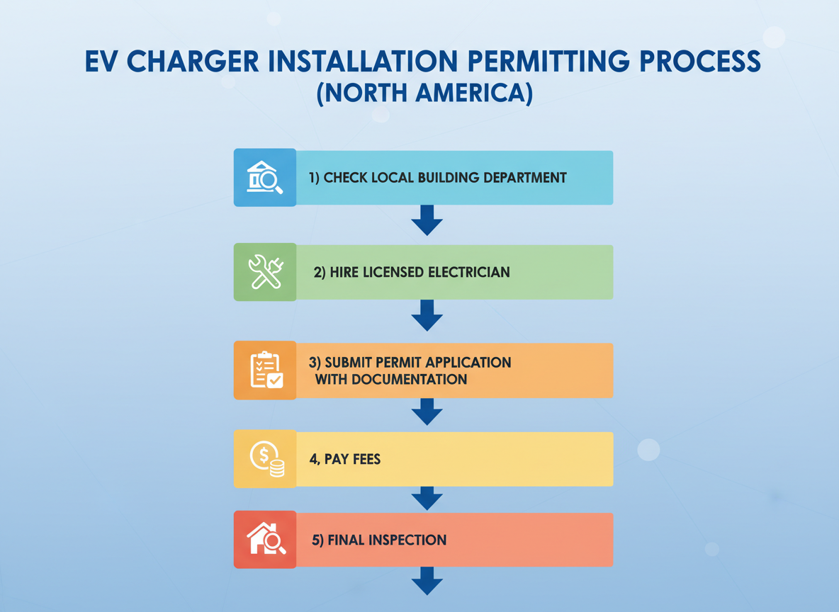 Illustrated guide to the safe home EV charger installation process, detailing Level 1, Level 2, and DC fast charger permits.