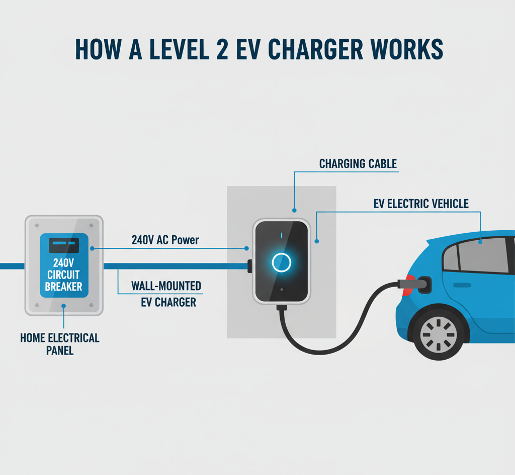 Diagram showing easy installation of a wall-mounted Level 2 EV charger using a 240V circuit breaker for faster home charging.