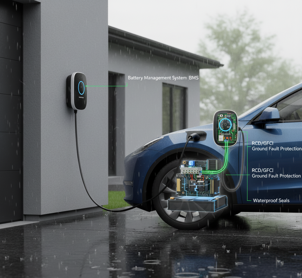 Diagram highlighting smart EV charger safety features: RCD/GFCI Ground Fault Protection and Battery Management System (BMS).