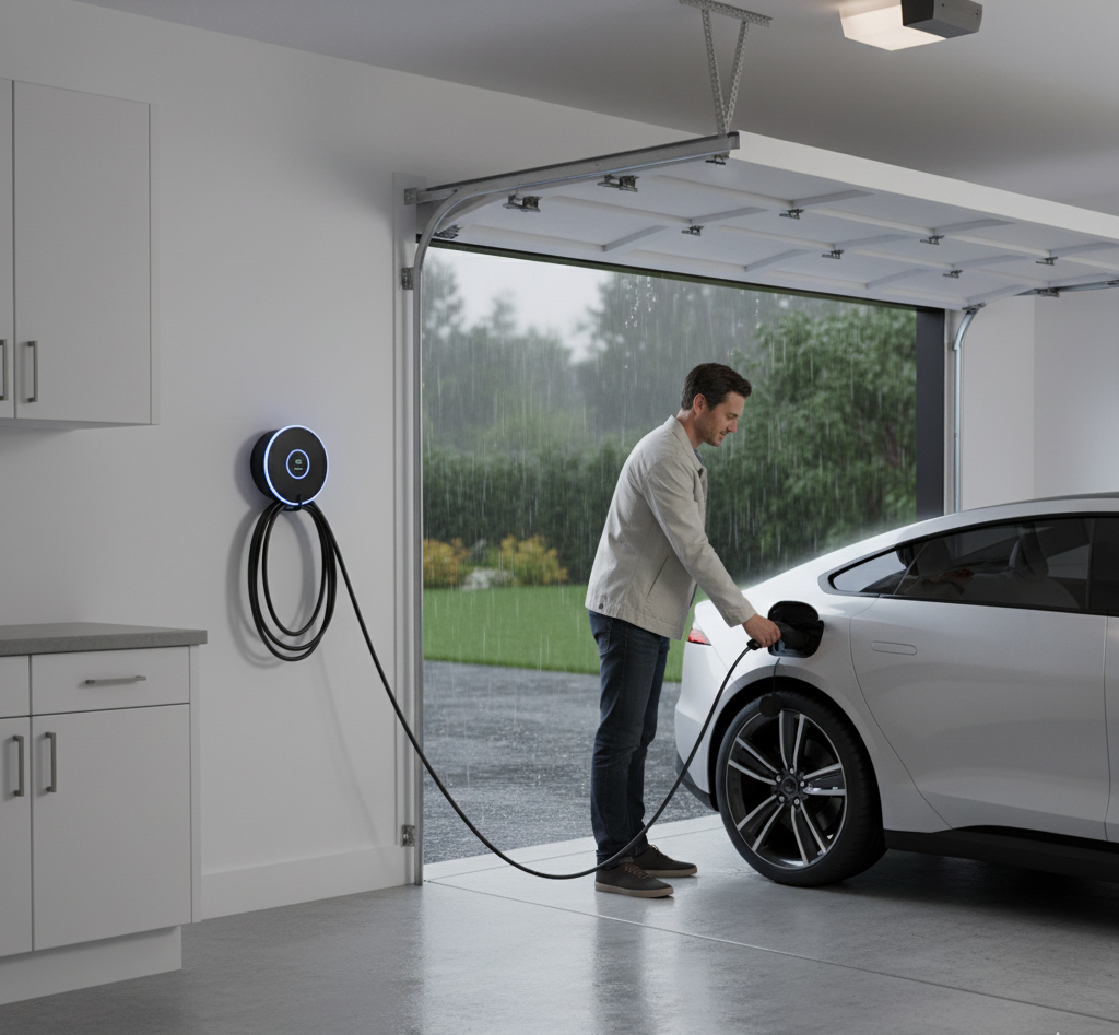 Sleek wallbox EV charger mounted in a garage, offering safe and reliable home charging for a white electric car.