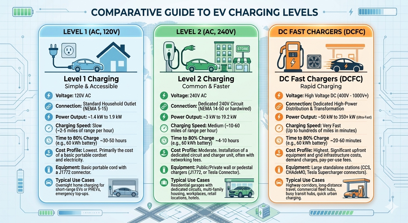 Comparative guide of Level 1, Level 2, and DC Fast Charging specs and use cases.