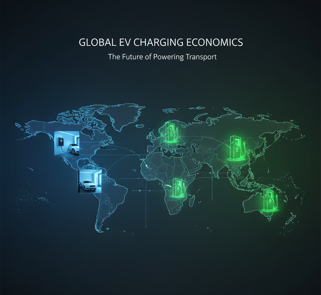 Global EV charging map displaying glowing fast charging stations and home wallboxes powering future electric transport.