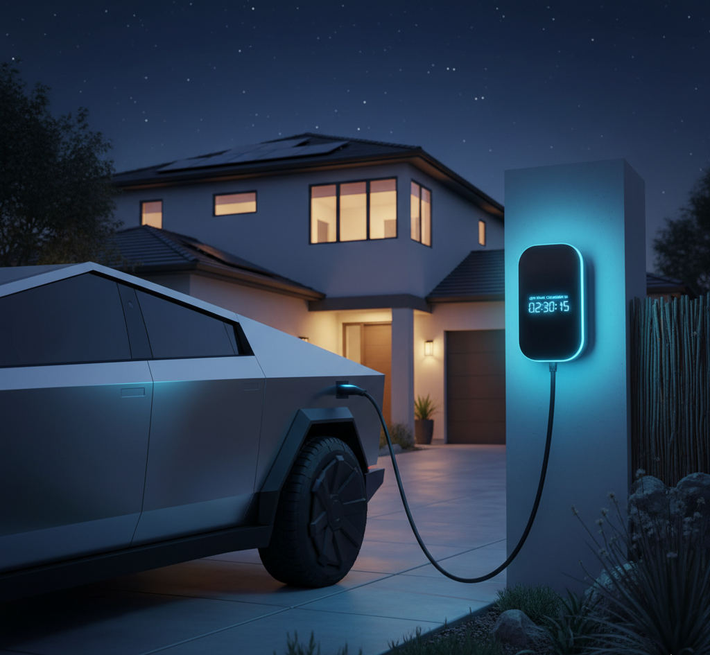 Sleek home EV wallbox charger with glowing display provides reliable, fast overnight charging for a modern electric truck.