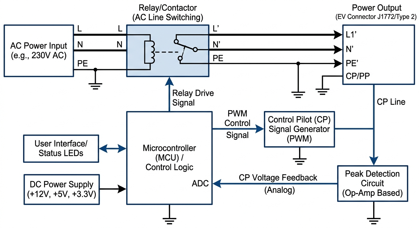 Technical block diagram of an EVSE control system featuring MCU, CP signal generator, and power relay.