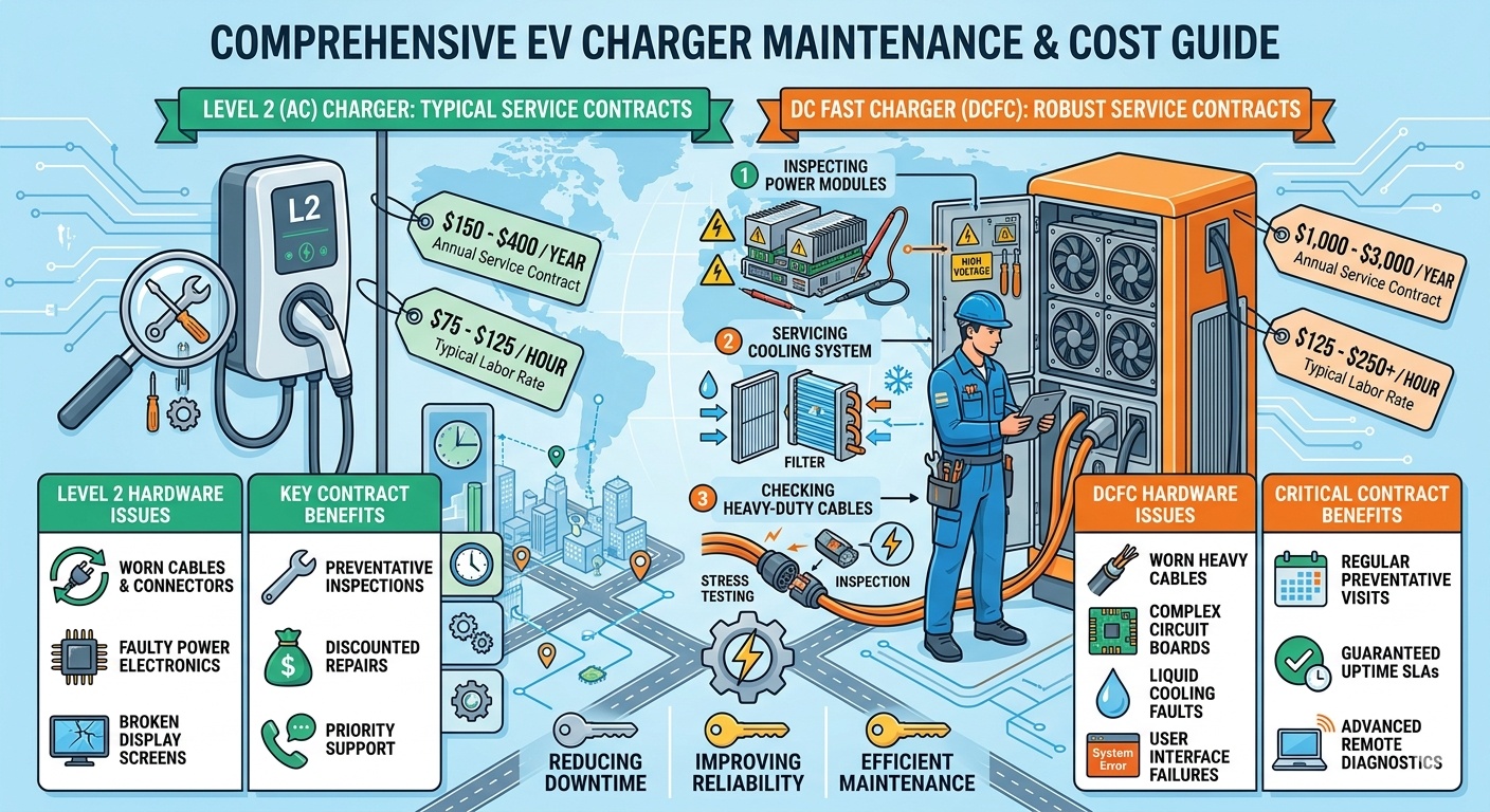 Maintenance guide showing service contract costs and key benefits for L2 and DCFC units.
