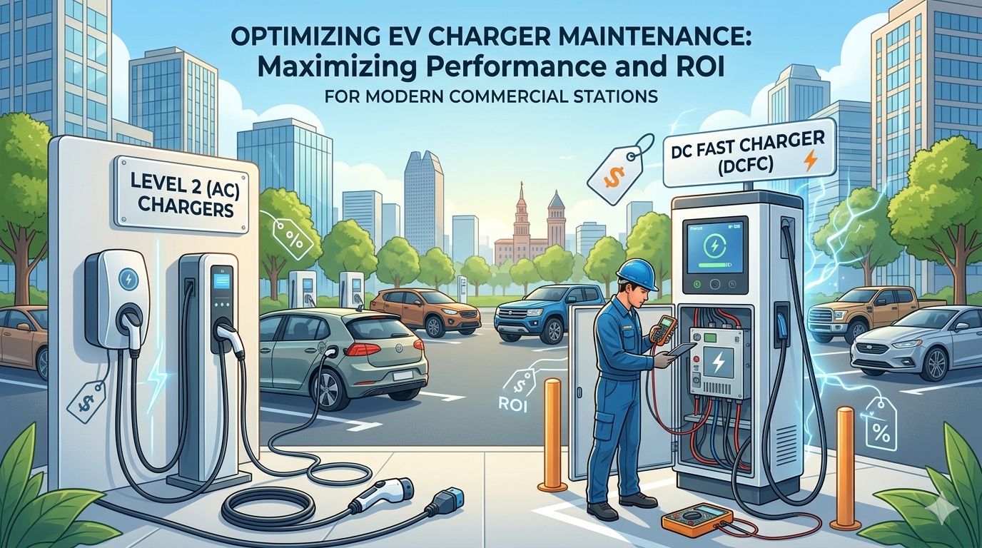 Technician maintaining a DC Fast Charger at a commercial EV station with parked cars.
