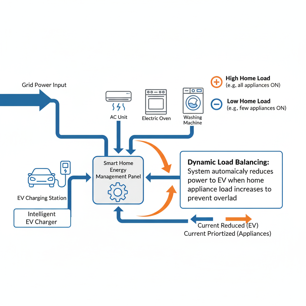 Diagram shows how Dynamic Load Balancing prevents home circuit overload by safely prioritizing appliance power over EV charging.