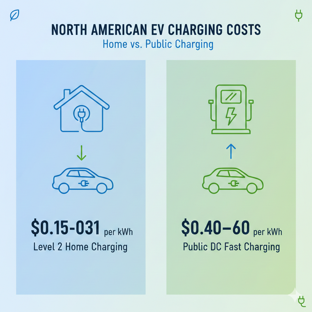 North American EV charging cost comparison revealing affordable Level 2 home rates versus higher public DC fast charging prices.