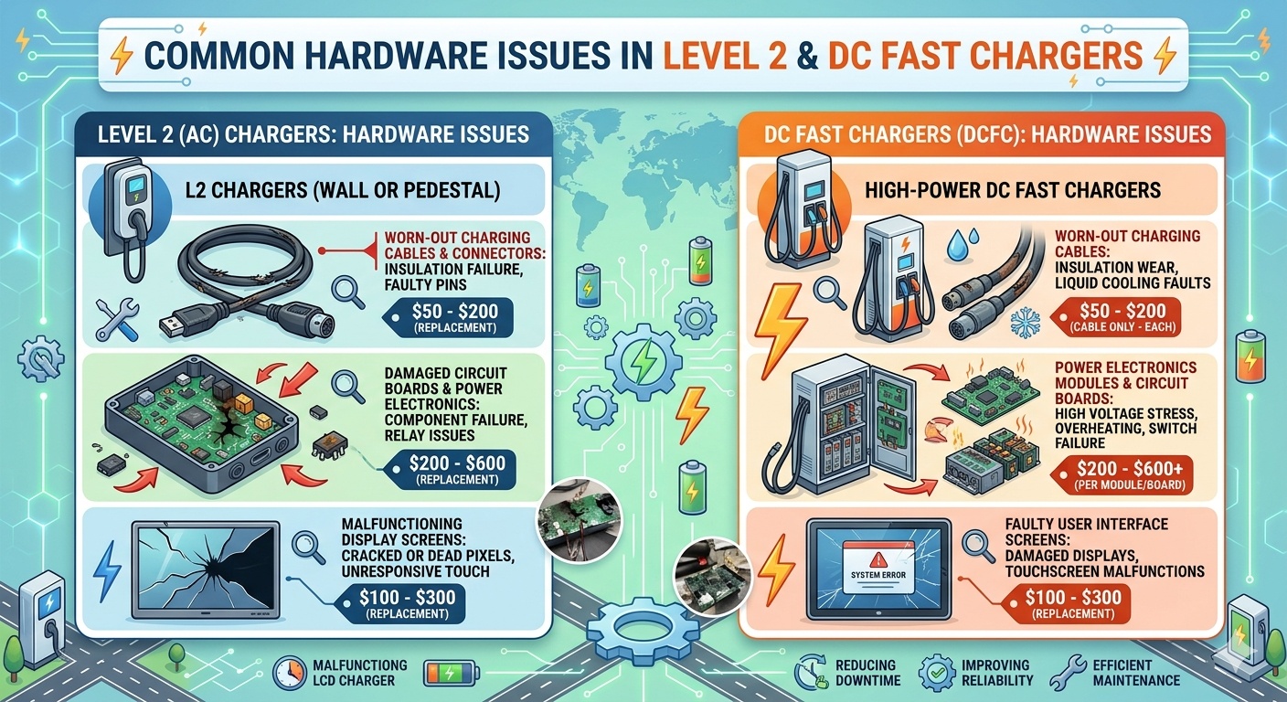Common hardware issues & repair costs for Level 2 and DC Fast EV chargers infographic.