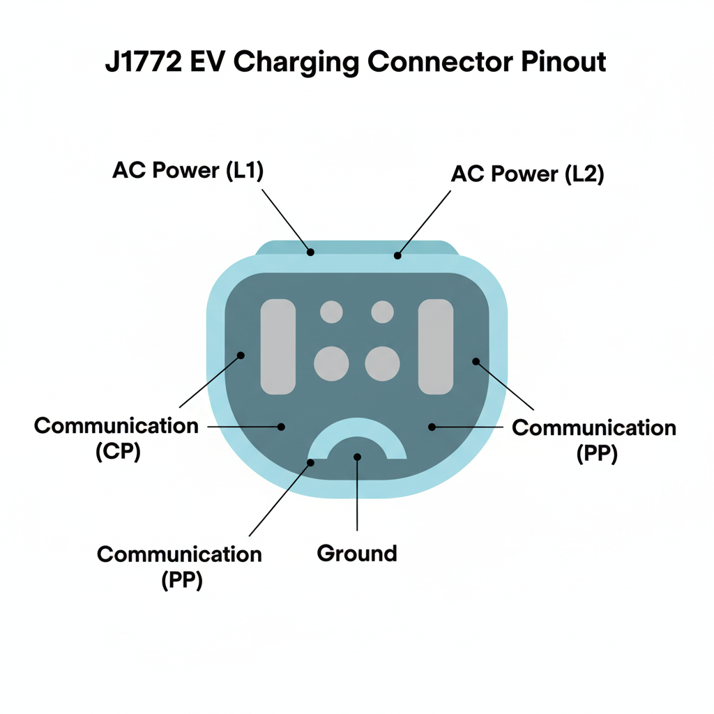 J1772 EV charging connector pinout diagram showing AC Power, Ground, and essential Communication (CP/PP) pins for reliable North American Level 2 charging.