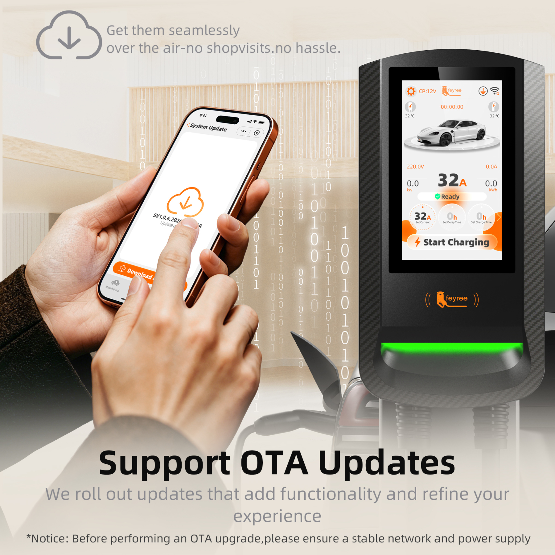 feyree Tesla 7.6/9.6/12kW EV Charger Wallbox 7Inch Touch Smart APP Control OTA Upgrade Charging Log Home EV Charging Station