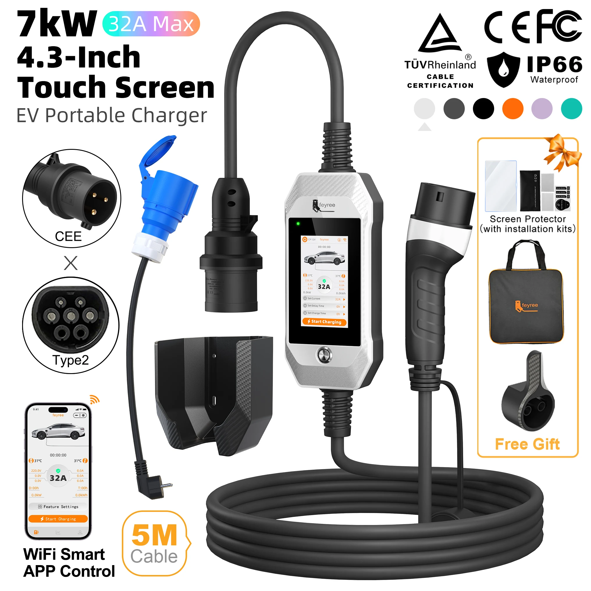 feyree 4.3 Inch 7kW Touch Screen Type2 Portable Charger 