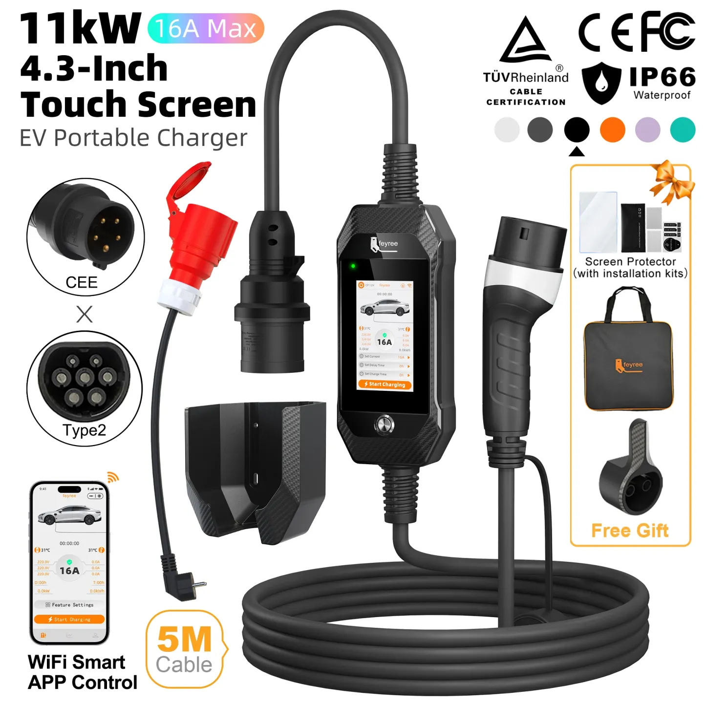 feyree Portable EV Charger 11kW 16A 3P Fast Charging Type2 Socket 4.3inch Touch Screen Design Smart WIFI APP Control AC Charger