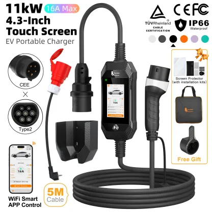 feyree Portable EV Charger 11kW 16A 3P Fast Charging Type2 Socket 4.3inch Touch Screen Design Smart WIFI APP Control AC Charger