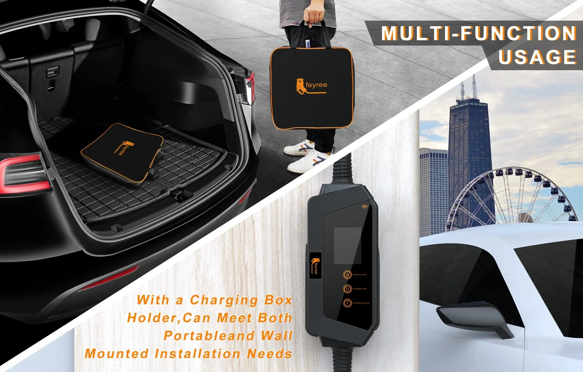 Portable EV charger with carrying case, supports wall-mounted and on-the-go charging needs